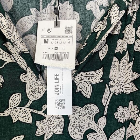 Zara Oversized Floral Print Tiered Midi Dress Plunge V-Neck Green Boho Medium - Picture 10 of 13